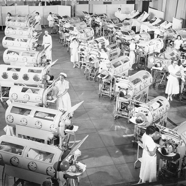 Iron lungs in a polio ward